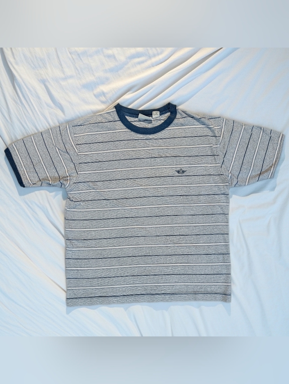 Vintage 1990's Dockers Blue & Gray Striped Ribbed Crewneck Tee